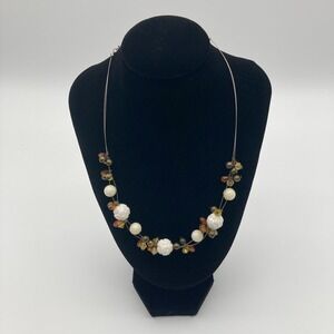 Vintage Cottagecore Carved White Rose Floating Illusion Necklace Amber Gold Tone